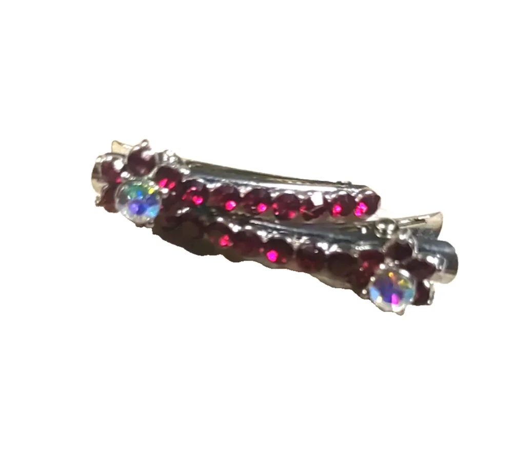 Hair Clip Barrettes Matching Pair Red Rhinestone